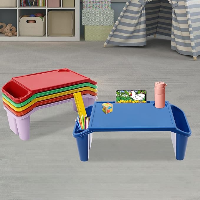 6 Pcs Kids Lap Desk Tray with Storage - Colorful Children's Side Pockets with Cup Holder, 20 Inch Portable Lap Tray for Writing, Eating, Reading & Play
