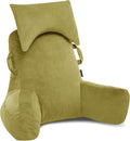 Unisakey Portable Reading Pillows with Headrest for Bed Sitting Up(Pale Green Oeko-Tex), Velvet Back Pillow with Arms & Pockets for Adults, Support Memory Foam Bed Pillow for Dorm/Watching/Gaming