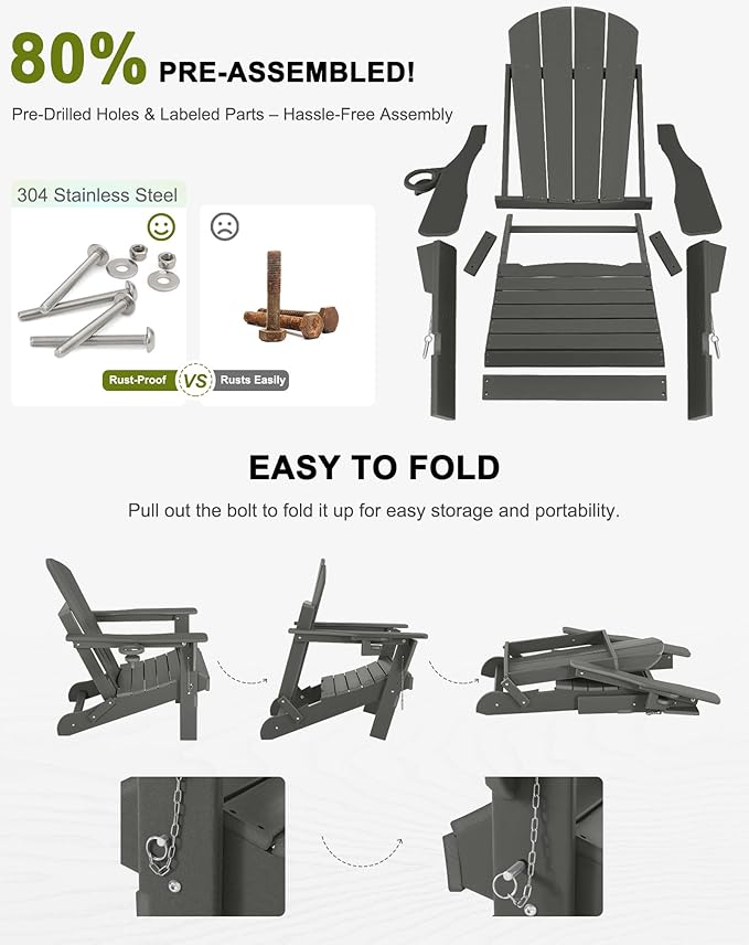 Folding Adirondack Chairs Set of 6 - Plastic Adirondack Chairs with Cup Holder, Weather Resistant for Outdoor, Patio, Lawn, Garden, Backyard Deck, Fire Pit - Dark Gray