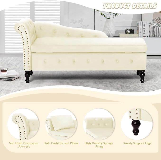 ACMEASE Upholstered Chaise Lounge with Left Armrest & Lumbar Pillow,Button Tufted Lounge Sofa with Storage,Lounge Chair Indoor,Modern Velvet Lounge Chair for Bedroom, Living Room and Office,Beige