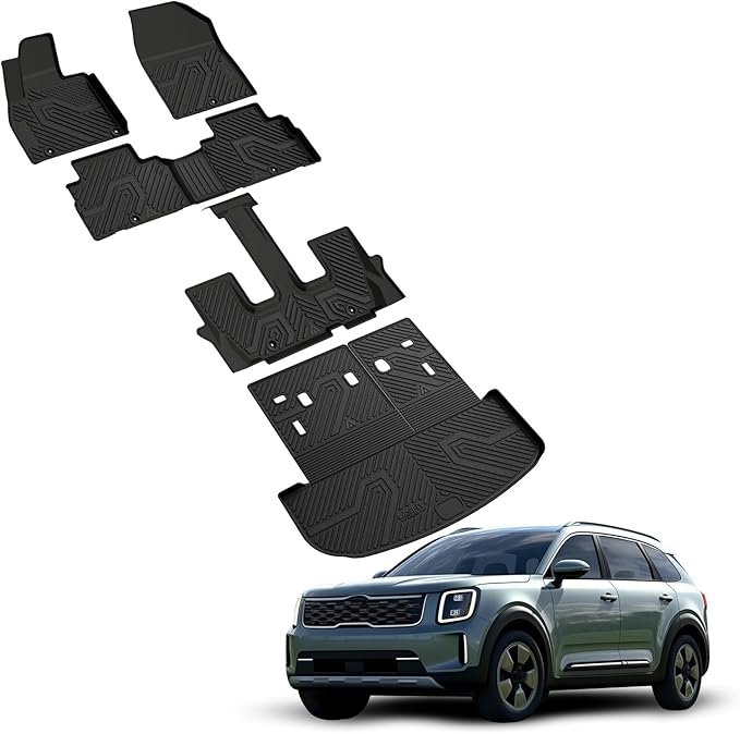 LASFIT Floor Mats & Backrest Mats & Cargo Mat for Kia Telluride 2025 2024 2023 2022 2021 2020, All Weather TPE Custom Fit Floor Liners with Full Set Car Mats & Trunk Mats Accessoires, Black