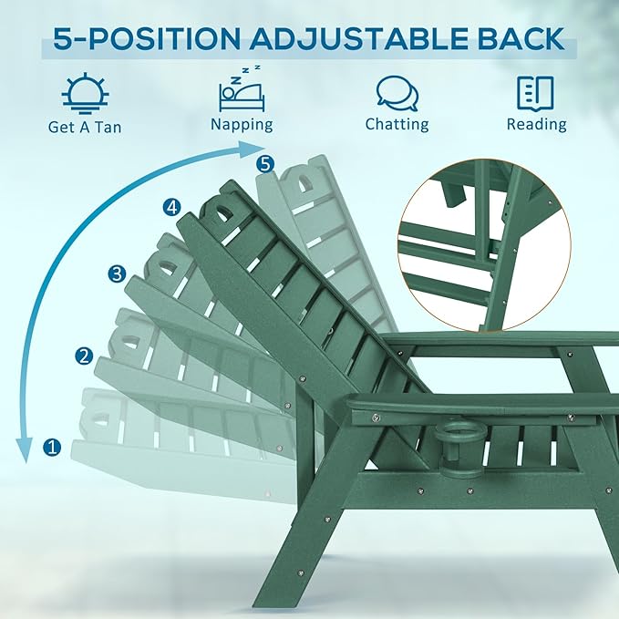 nalone Chaise Lounge Outdoor with 5-Position Adjustable Backrest, HDPE Lounge Chair for Outside Supports Up to 400 LBS, Pool Lounge Chairs for Patio Poolside Deck Beach Backyard (Green)
