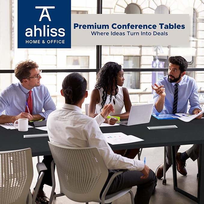 ahliss Sturdy Conference Table with Cable Management Grommets Modern Rectangle Office Meeting Table with Wood Tabletop and Metal Frame & Legs- Easy Assembly Boardroom Table (Black, 8 Foot)