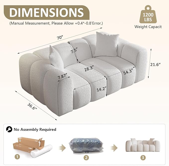 70" Modern Chenille Fabric Sofa Couch – One-Piece Memory Foam 3-Seater Sofa with Rounded Arms, Soft & Cozy Upholstery for Living Room (White)