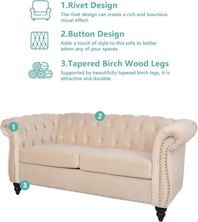 QHITTY Accent Sofa, Chesterfield Loveseat Modern Velvet Couch Upholstered Sofa with Tufted Back for Living Room Furniture (Beige)