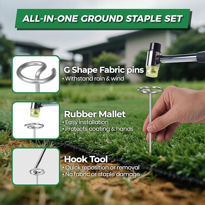 6 Inch Landscape Fabric Staples, 50Pcs Garden Stakes Galvanized +Pick Hook +Rubber Mallet, G Shaped Weed Barrier Stakes 11 Gauge Lawn Staples Landscape Pins for Yard, Sod, Weed Mat