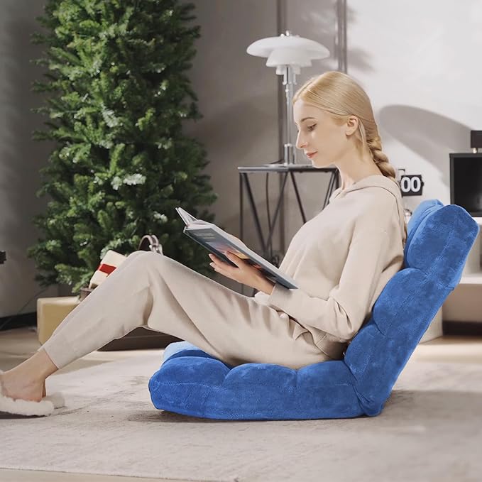 Floor Chair with Back Support, Foldling Gaming Sofa Chair with Comfy Cushion, Adjustable 14-Position Meditation Chairs, Lazy Lounge Recliner Reading Seat for Adults, Kids (Blue)