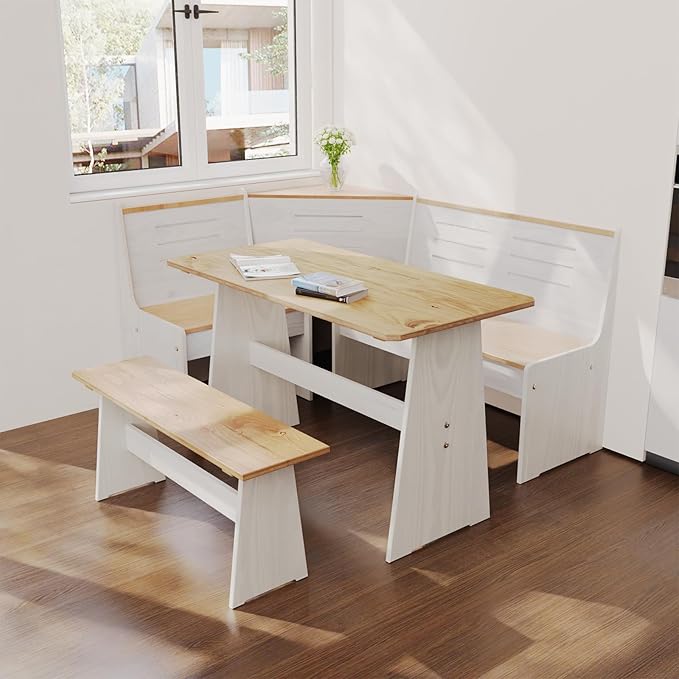 Breakfast Nook Dining Table Set – L-Shaped Kitchen Nook Booth with Bench Seating, Farmhouse Corner Dining Table for Small Spaces, White Wood Dining Room Nook Furniture