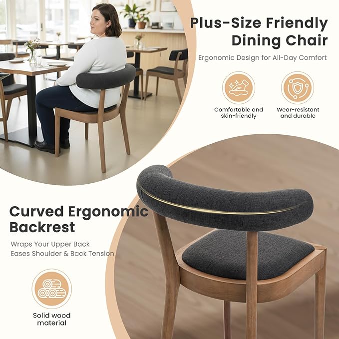 Kmax Dining Room Chairs Mid-Century Modern Fabric Kitchen Chairs with Natural Walnut Finished Frame, Linen Curved Back, Set of 6, Charcoal Black