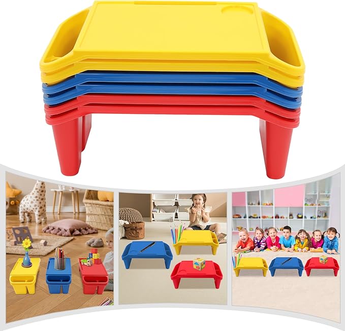 6 Pcs Kids Lap Desk Tray, Plastic Breakfast Lap Desk Trays with Storage Slots, Portable Stackable Lap Tray Tables for Writing Drawing Classroom, 19.69" L x 9.84" W x 7.1" H (Red+Blue+Yellow)