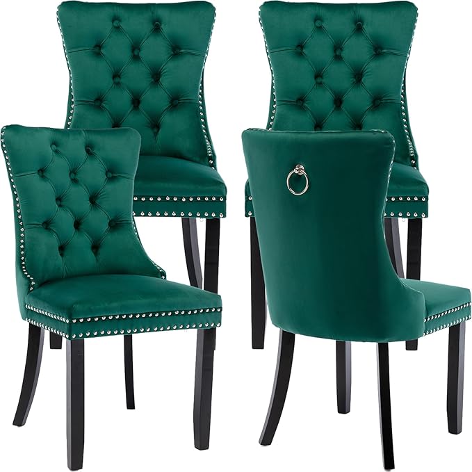 YeahFurn Green Mid Century Modern Dining Chairs Set of 4, Velvet Upholstered Kitchen & Dining Room Chairs with Nailhead Trim & Solid Wood Legs, Elegant Sillas De Comedor (Green, 4 Pcs)