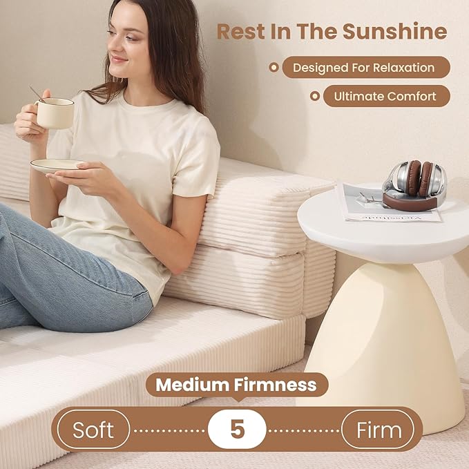 Folding Sofa Bed, Convertible Sleeper Chair with Pilow Foldable Matress, 2 in 1 Pull Out Loveseat Sofa Portable Fold Out Chair Bed Floor Couch Lounge for Living Room Bedroom (Beige, Queen)