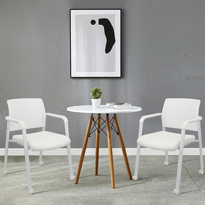 CLATINA Stacking Office Chairs with Wheels | Mesh Back, Thicken Leather Seat and Streamline Armrests, Ergonomic Lumber Support | School, Desk, Guest Reception, Waiting, Conference, White
