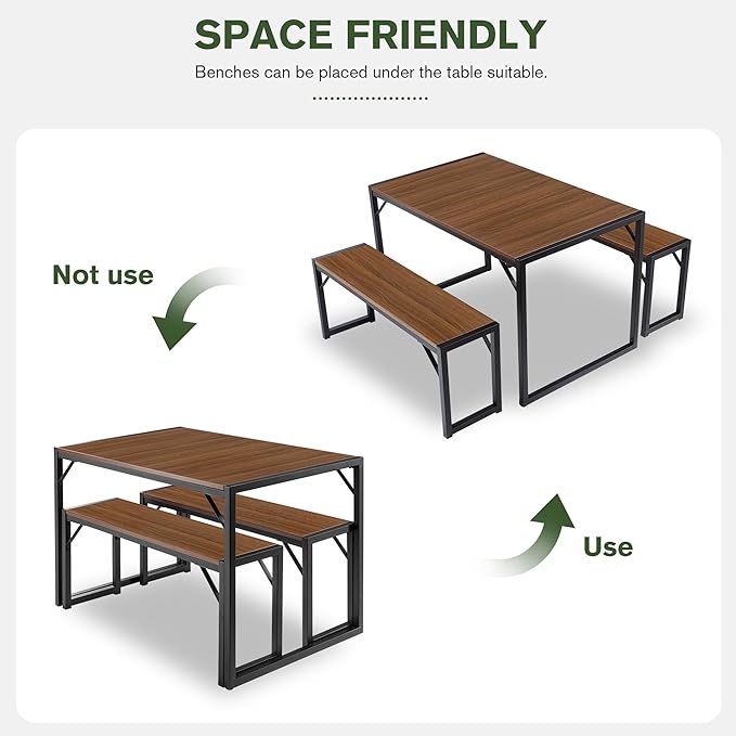 IMUsee 3PC 47.2" Dining Table Set for 4 with Benches, Heavy Duty Metal Frame, Small Space Saving Kitchen Dinette, Wood Board and Black Legs