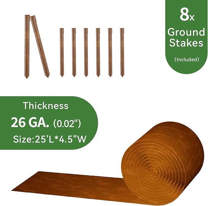 Worth Galvanized Steel Landscape Edging 4.5" x25' Metal Garden Edging Roll Flexible Bender Border with 8Pcs Stakes for Lawn, Flower Bed Edges, Rust-Colored Painted