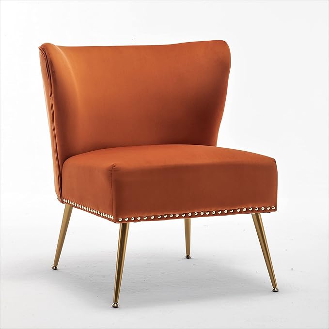 Container Furniture Direct Thia Armless Velvet Accent Chair for Living Room, Elegant Seat with Nailhead Trim, Gold Metal Legs and Comfortable Curved Back, 28" D x 25" W x 29.5" H, Orange Red