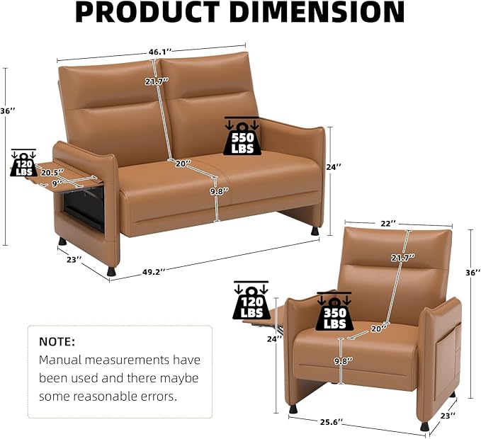 3-Piece Living Room Sofa Set, Faux Leather Loveseat & Accent Chairs Set of 2 with Hidden Foldable Tray & Side Pocket, Front Contour Arm Design, Upholstered Sofa Set for Office, Brown