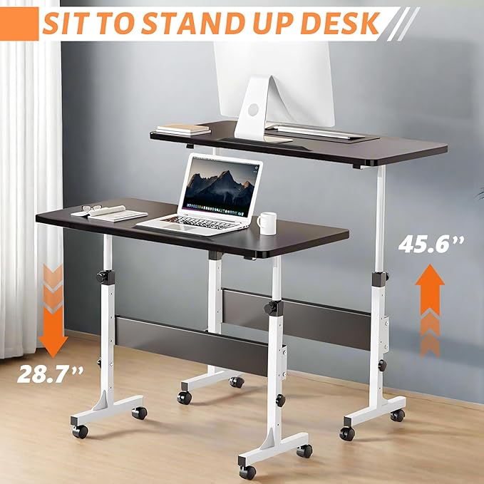 HDHNBA Rolling Desk Adjustable Height,Portable Laptop Desks,Small Standing Desk with Wheels for Home Office (31.50 * 15.75,Black)