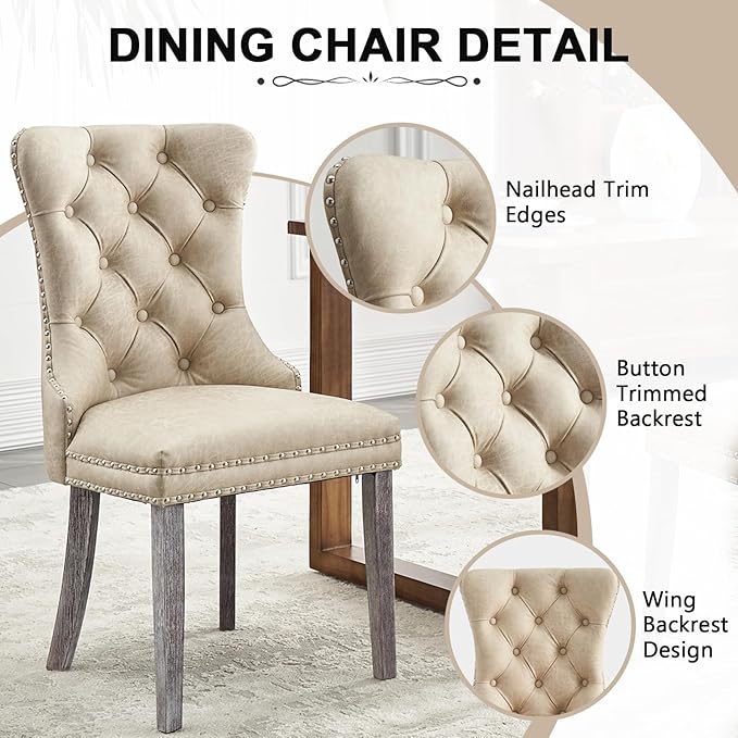 Kiztir Leather Dining Chairs Set of 2, Upholstered Dining Chair with Nailhead Trim and Solid Wood Legs, Luxury Wingback Dining Side Chair for Living Room, Bedroom, Kitchen (Beige)