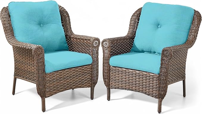 ACTREST Patio Wicker Chairs Outdoor Furniture Chair - Set of 2 Outside All Weather Lawn Dining Brown Rattan Armchair with High Back&Deep Seating for Deck Porch Balcony Backyard Garden - Turquoise