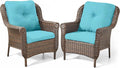 ACTREST Patio Wicker Chairs Outdoor Furniture Chair - Set of 2 Outside All Weather Lawn Dining Brown Rattan Armchair with High Back&Deep Seating for Deck Porch Balcony Backyard Garden - Turquoise