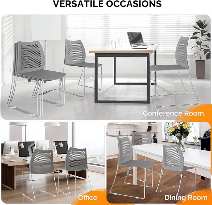 VINGLI Stacking Chairs Set of 5 Stackable Office Chairs with Metal Sled Base, Ergonomic Plastic Seat & Holes Back, Stacking Chairs for Waiting Room Break Room Banquet Guest, Grey