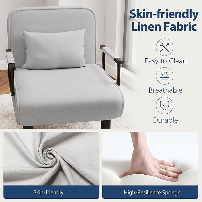 Furniliving 4 in 1 Folding Sofa Bed Chair, Convertible Sleeper Chair Bed with 6-Position Adjustable Backrest, Upholstered Chaise Lounge with Pillow, Accent Chairs for Bedroom/Office, Linen, LightGrey