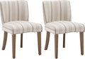 chairus Farmhouse Dining Chairs Set of 2, Upholstered Comfy Dining Room Chairs Linen Fabric Walnut Brown Wood Kitchen Chairs for Dining Table, Living Room, Kitchen, Khaki Stripe