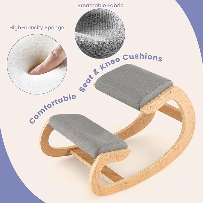 GOFLAME Ergonomic Kneeling Chair, Wooden Rocking Knee Chair with Comfortable Padded Seat Cushion & Knee Support for Home Office, Upright Posture Support Chair for Back Pain Relief (Gray)