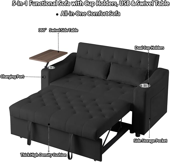 Auvsoce 53'' Convertible Sleeper Sofa Bed with Adjustable Backrest, Chaise Lounge, Side Table &Two Pillows – Stylish & Functional Addition to Any Living Room (Black Sofa)
