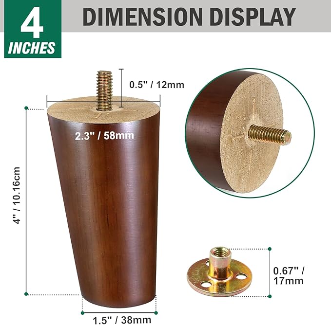 FoDau770 Brown Rubber Wood Furniture Legs 4 Inches, Slant Tapered Wood Feet Mid Century Sofa Legs Set of 4, 5/16" UNC Furniture Feet Replacement Parts for Cabinet Couch Dresser Chair Ottoman Table