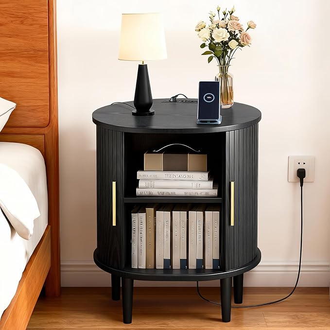 DHH Mid Century Modern Nightstand Set of 2 with Charging Station, Fluted Accent Side Table with Sliding Door & Adjustable Shelf, End Table for Small Space, Living Room, Bedroom,Sofa Couch, Black