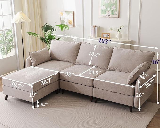 Rexulqo 104'' Modular Sectional Sofa with All Seats Storage, Oversized L Shaped Couch for Living Room,3-Seater Comfy Cloud Couches with Movable Ottoman,Big Sectional for Bedroom,Velet,Khaki