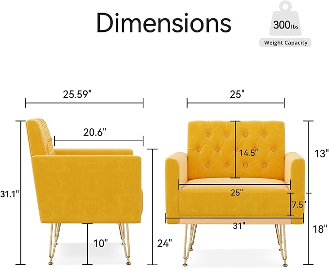 Accent Chair for Living Room, Comfy Oversized Velvet Upholstered Arm Chairs, Mid Century Modern Reading Single Sofa Side Chair with Tufted Back and Gold Legs for Bedroom (1, Mustard)