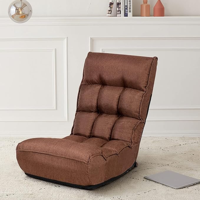 KOMFOTT Folding Floor Chair for Adults, Floor Gaming Chair with 5-Position Adjustable Headrest & 4-Position Adjustable Backrest, Side Pocket, Floor Seating Lazy Sofa for Reading, Meditating, Brown