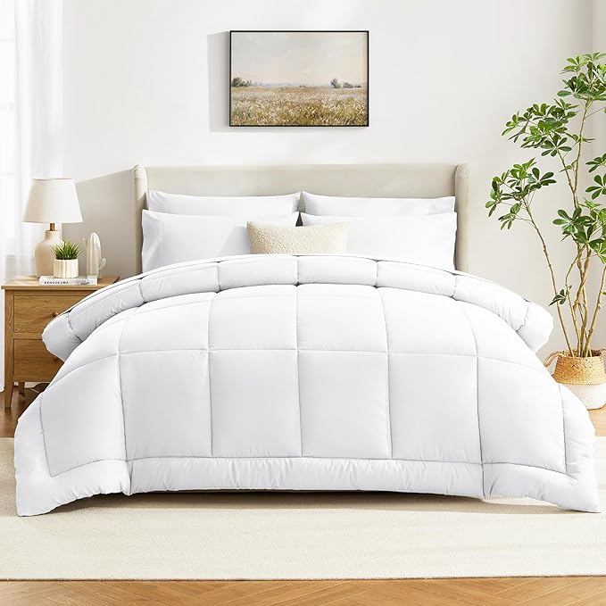 CozyLux Full Size Comforter Sets White, 7 Pieces Bed in a Bag, White Comforter Full Size, All Season Bedding Sets with Stitch Quilted Comforter, Flat Sheet, Fitted Sheet, Pillowcases