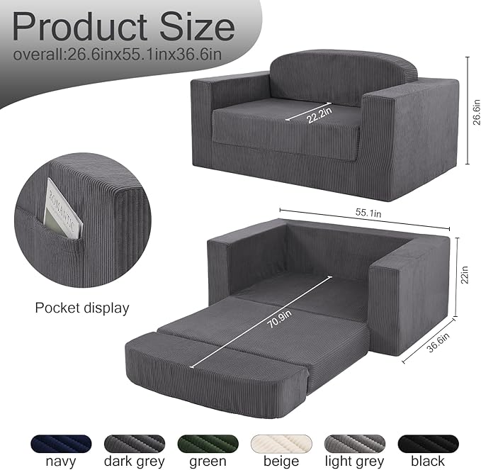 MeMoreCool Convertible Sofa Bed, Pull Out Loveseat Sleeper Sofa, Small Boneless Cloud Couch Bed for Adults, Fold Out Foam Love Seat, Corduroy Folding Floor Couch for Bedroom, Dark Grey