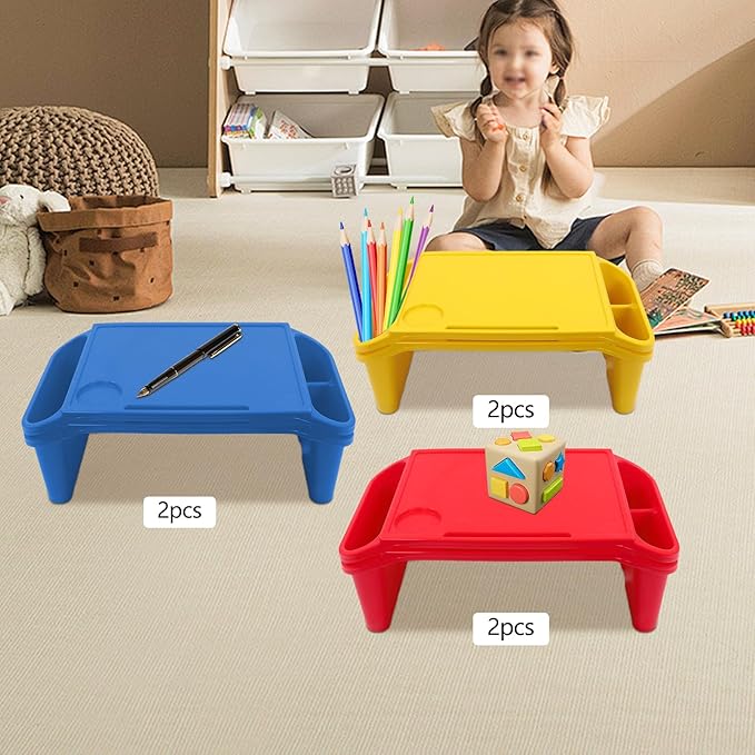 6 Pcs Kids Lap Desk Tray, Plastic Breakfast Lap Desk Trays with Storage Slots, Portable Stackable Lap Tray Tables for Writing Drawing Classroom, 19.69" L x 9.84" W x 7.1" H (Red+Blue+Yellow)