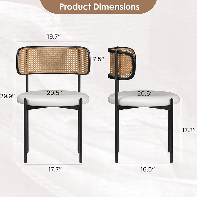 Farini Dining Chairs Set of 4, PU Leather Upholstered Seat with Woven Rattan Back, Sturdy Metal Legs Modern Side Chairs for Kitchen Living Room Restaurant, Beige
