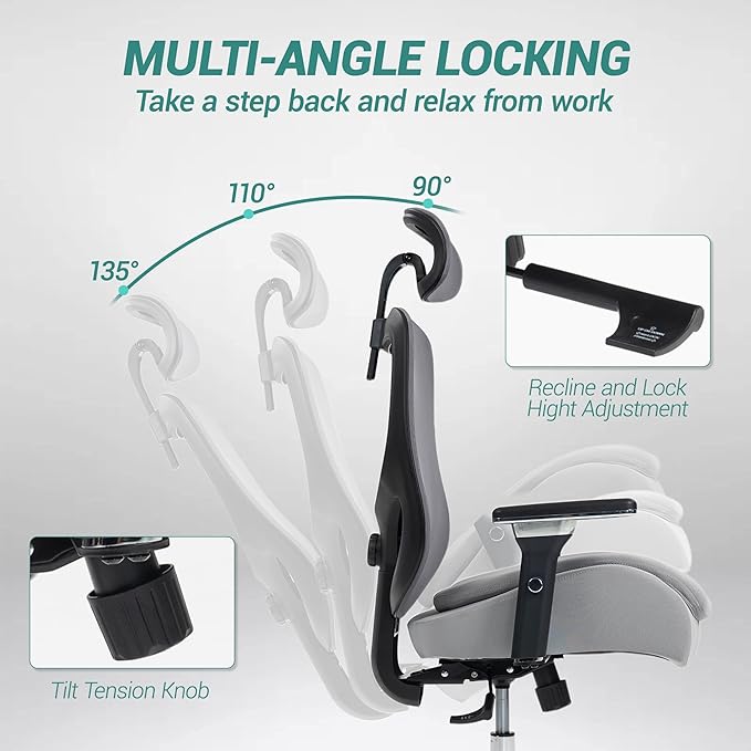 750 LBS Big and Tall Office Chair, Heavy Duty Executive Chair w/4D Arms, Ergonomic Computer Home Desk Chair, Swivel Mesh Chair w/2D Lumbar Support, Adjustable Headrest, Tilt Lock-Grey