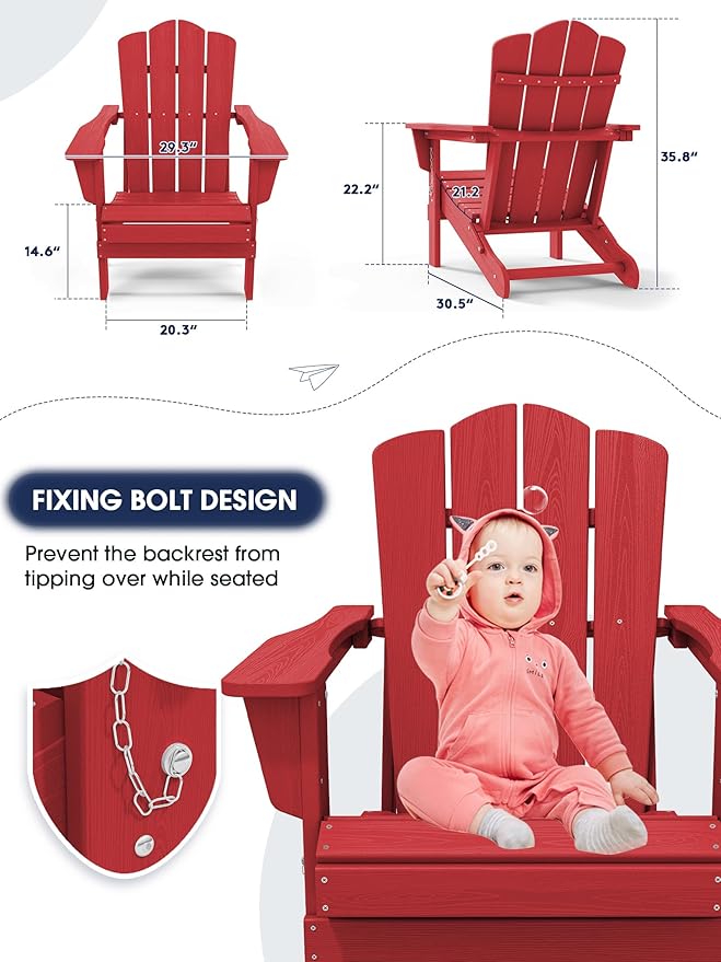 KINGYES Folding Adirondack Chair Set of 8, HDPE All-Weather Folding Adirondack Chair, Light Red