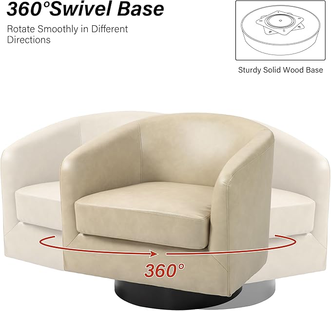 Swivel Barrel Chair, Modern Round PU Leather Accent Armchair for Living Room, Bedroom, Oversized Comfy Club Reading Chairs for Adults