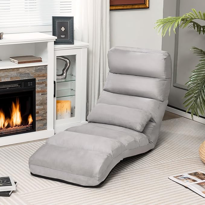 Giantex Folding Lazy Sofa Chair, Modern Chaise Lounge W/Pillow for Reading Leisure, Foldable Comfy Floor Accent Chair for Bedroom Living Room (Gray)