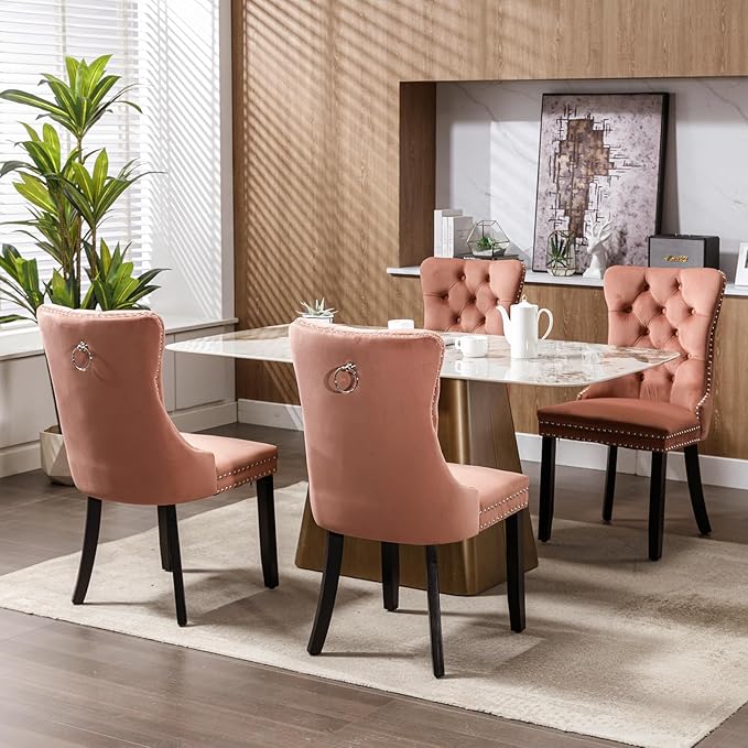 YeahFurn Pink Mid Century Modern Dining Chairs Set of 4, Velvet Upholstered Kitchen & Dining Room Chairs with Nailhead Trim & Solid Wood Legs, Elegant Sillas De Comedor (Pink, 4 Pcs)