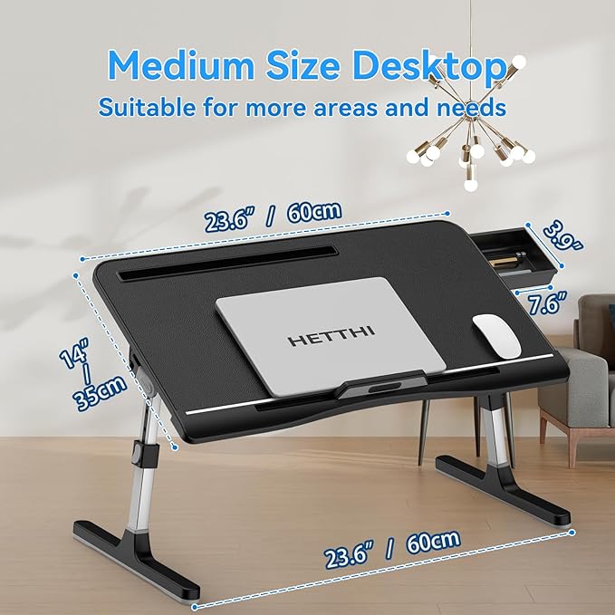Laptop Bed Desk Tray, Adjustable Sturdy Laptop Stand for Bed with Premium Materials, Folding Portable Lap Desk for Writing Working Eating Painting (Black, 23.6"×14")