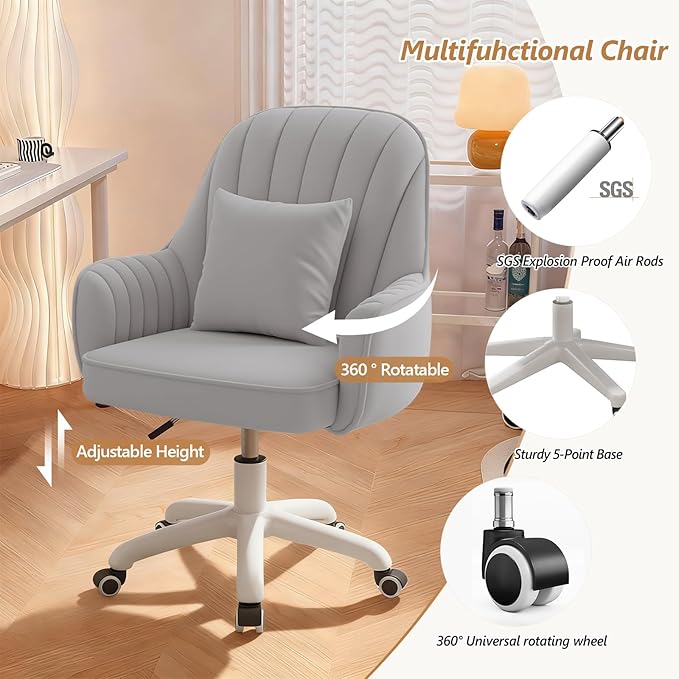 WXJHL Home Office Chair Velvet Vanity Chairs Cute Makeup Desk Chair with Wheels Mid Back Computer Chairs Height Adjustable Small Swivel Rolling Task Chair