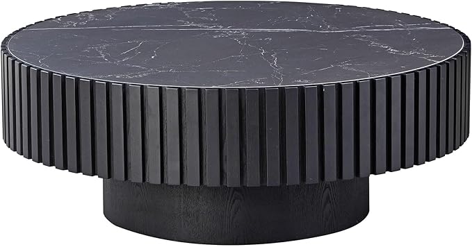 35.43''/90CM Modern Drum Coffee Table, Luxury Circle Wood Coffee Table for Apartment,Small Space (Black, Ø35.43 x 13.77 Sintered Stone Tabletop)
