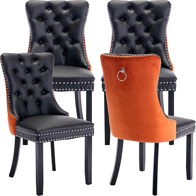 YeahFurn Modern Dining Chairs Set of 4, Tufted Upholstered Dining Room Chairs with Nailhead, PU Leather Front & Velvet Back, Solid Wood Legs, Kitchen Chairs, Sillas de Comedor (Black & Orange)