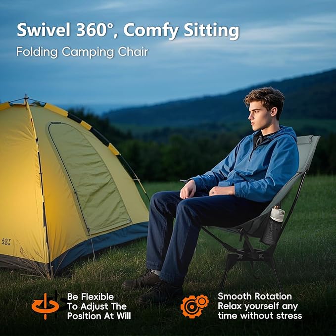 Swivel Camping Chair, High Back Folding Chair with Head Support, Side Cup Pocket, Stable Portable Outdoor Chair for Camp, Travel, Beach, Party, Fishing, Hiking, Backpacking, Grey
