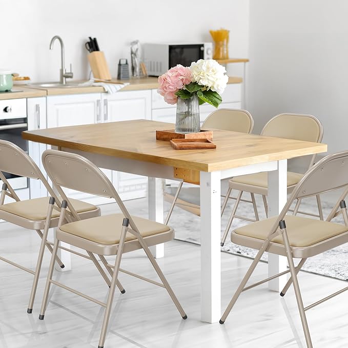 VINGLI 2 Pack Folding Chairs with Padded Seats, Metal Frame with Pu Leather Seat & Back, Capacity 350 lbs, Set of 2, Khaki